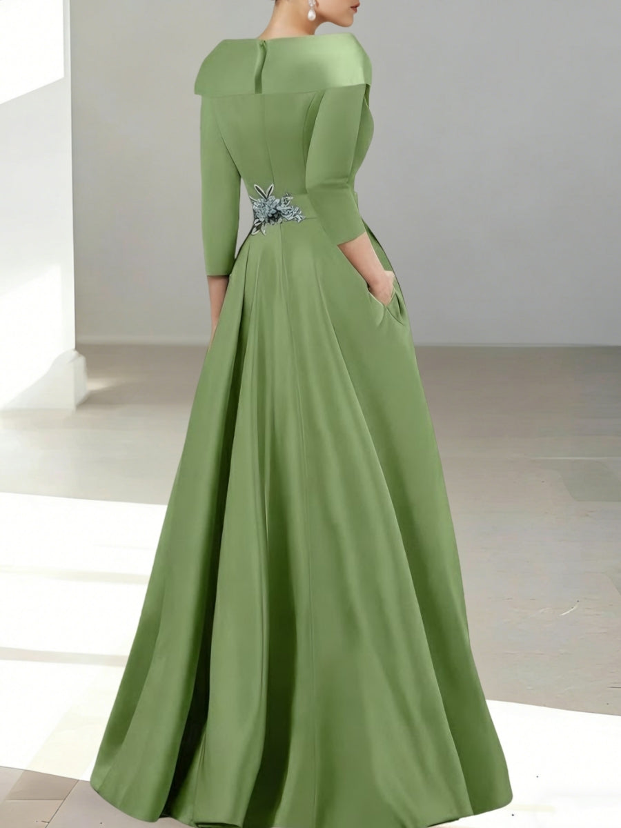 A Line Princess Shirt Collar Satin Mother Of The Bride Jumpsuit Overskirt Floral Sequins Pocket Half Sleeves Floor Length