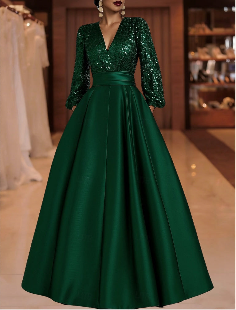A Line Princess V Neck Satin Mother Of The Bride Dresses Sequins Pocket Long Sleeves Floor Length