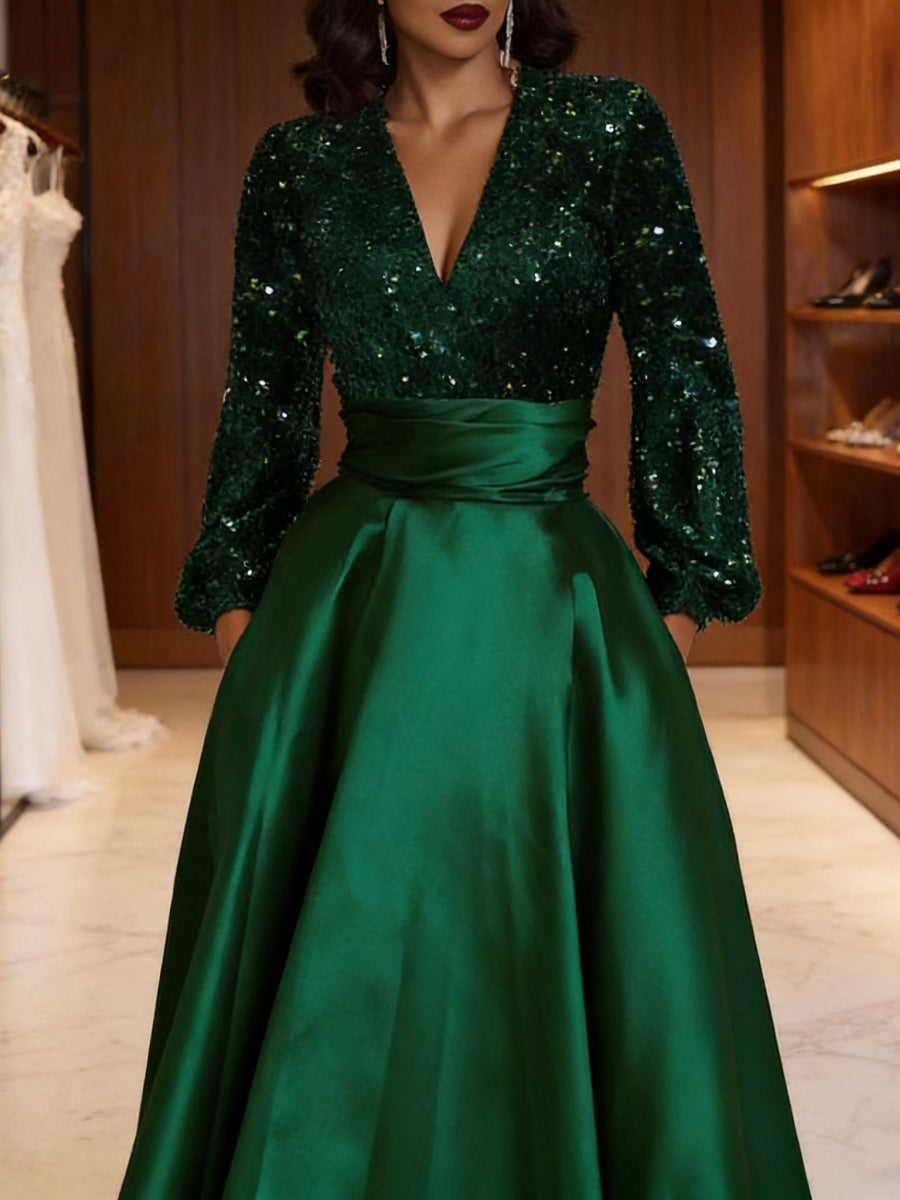 A Line Princess V Neck Satin Mother Of The Bride Dresses Sequins Pocket Long Sleeves Floor Length