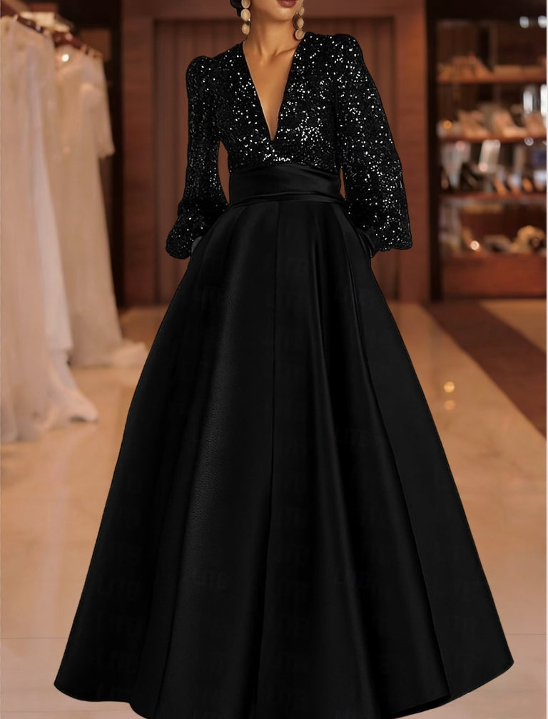 A Line Princess V Neck Satin Mother Of The Bride Dresses Sequins Pocket Long Sleeves Floor Length