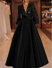 A Line Princess V Neck Satin Mother Of The Bride Dresses Sequins Pocket Long Sleeves Floor Length
