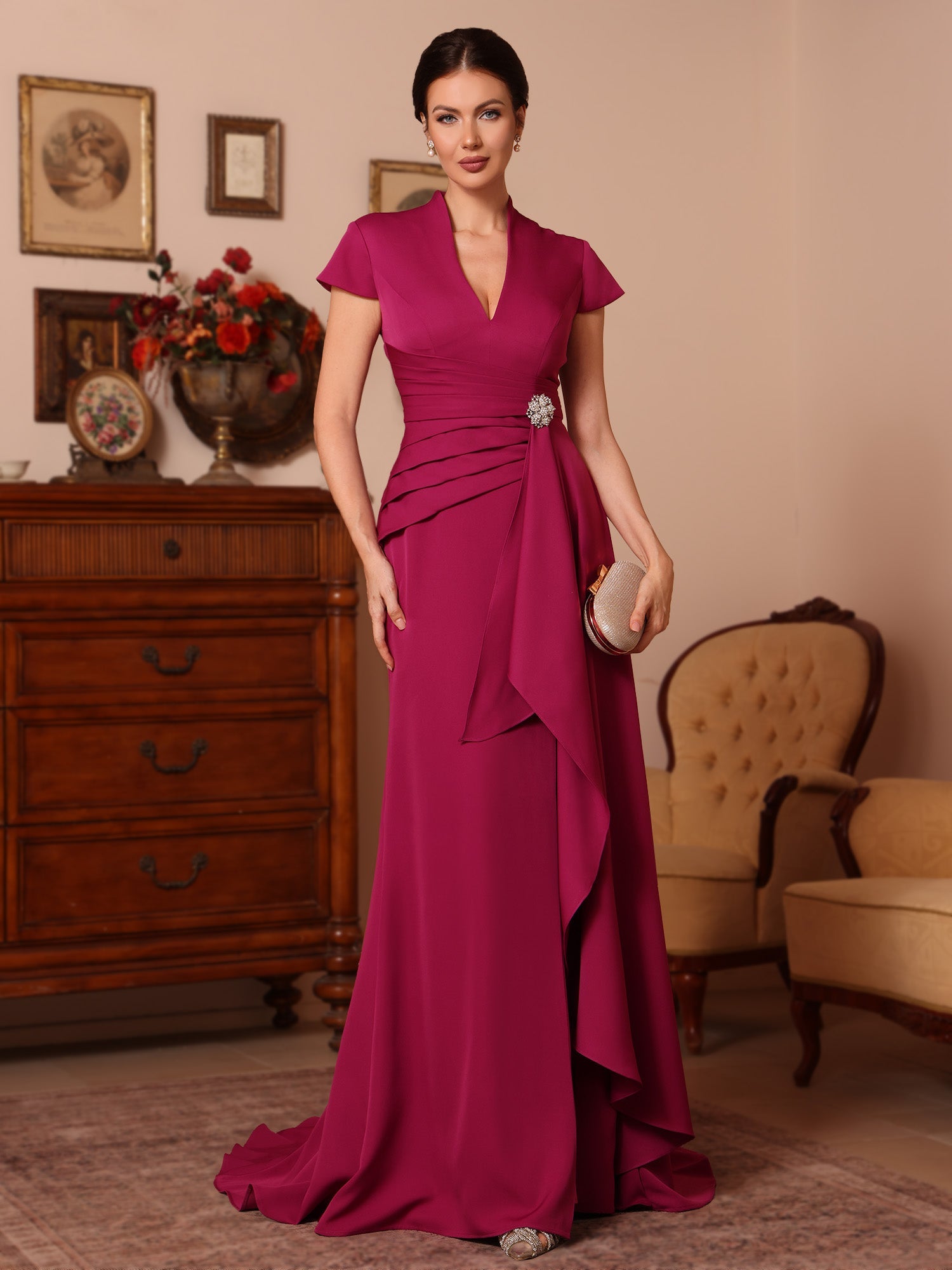 Trumpet Mermaid V Neck Stretch Satin Mother Of The Bride Dresses Floor Length Sweep Train Cap Sleeves Ruffles