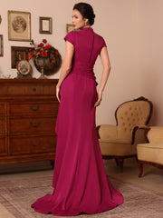 Trumpet Mermaid V Neck Stretch Satin Mother Of The Bride Dresses Floor Length Sweep Train Cap Sleeves Ruffles
