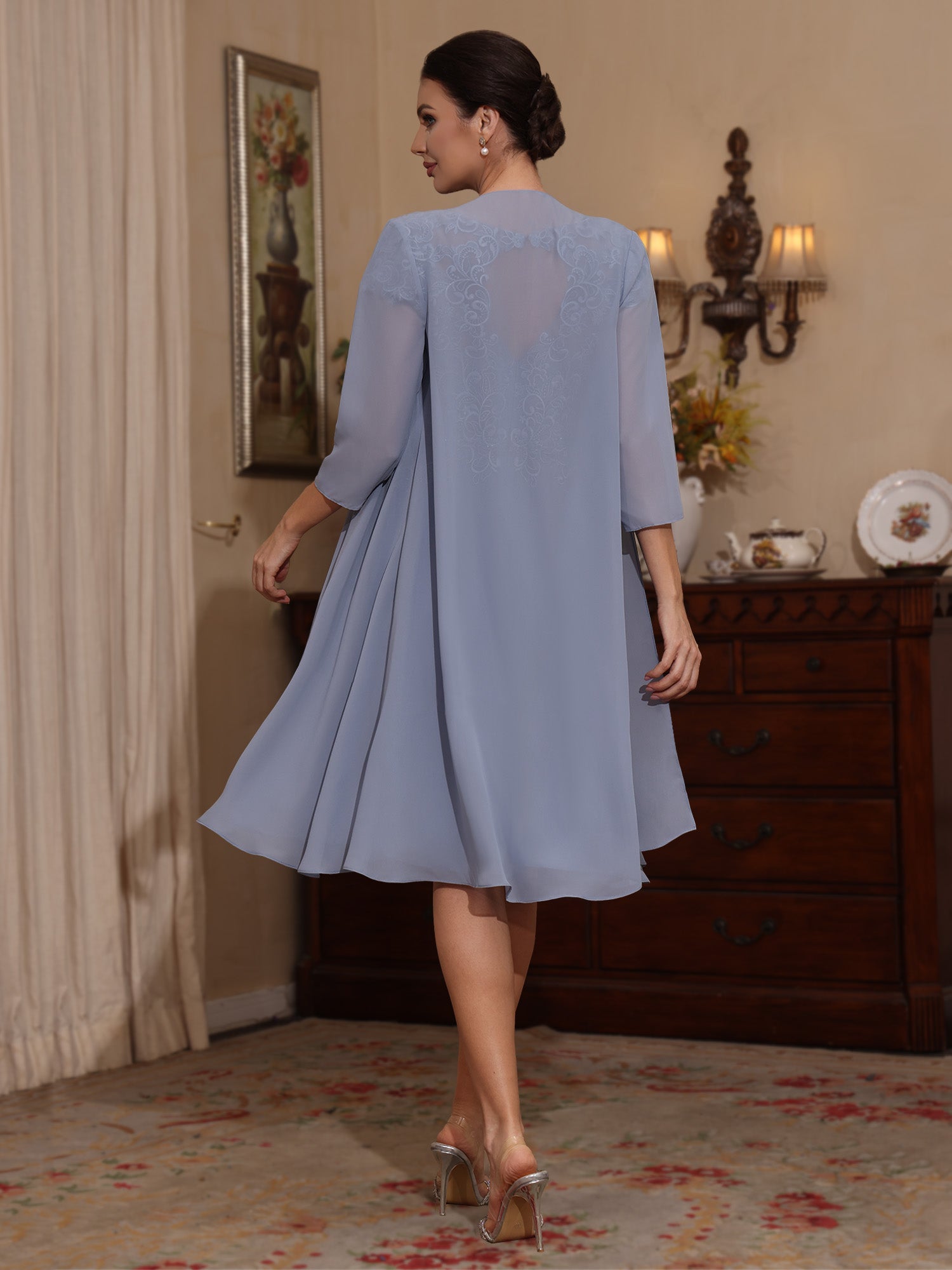 2 Pieces Sheath Column Scoop Chiffon Mother Of The Bride Dresses With Jacket Lace Knee Length 3 4 Sleeves