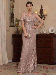 2 Pieces Sheath Column Scoop Lace Mother Of The Bride Dresses With Wrap Beading Floral Half Sleeves Floor Length
