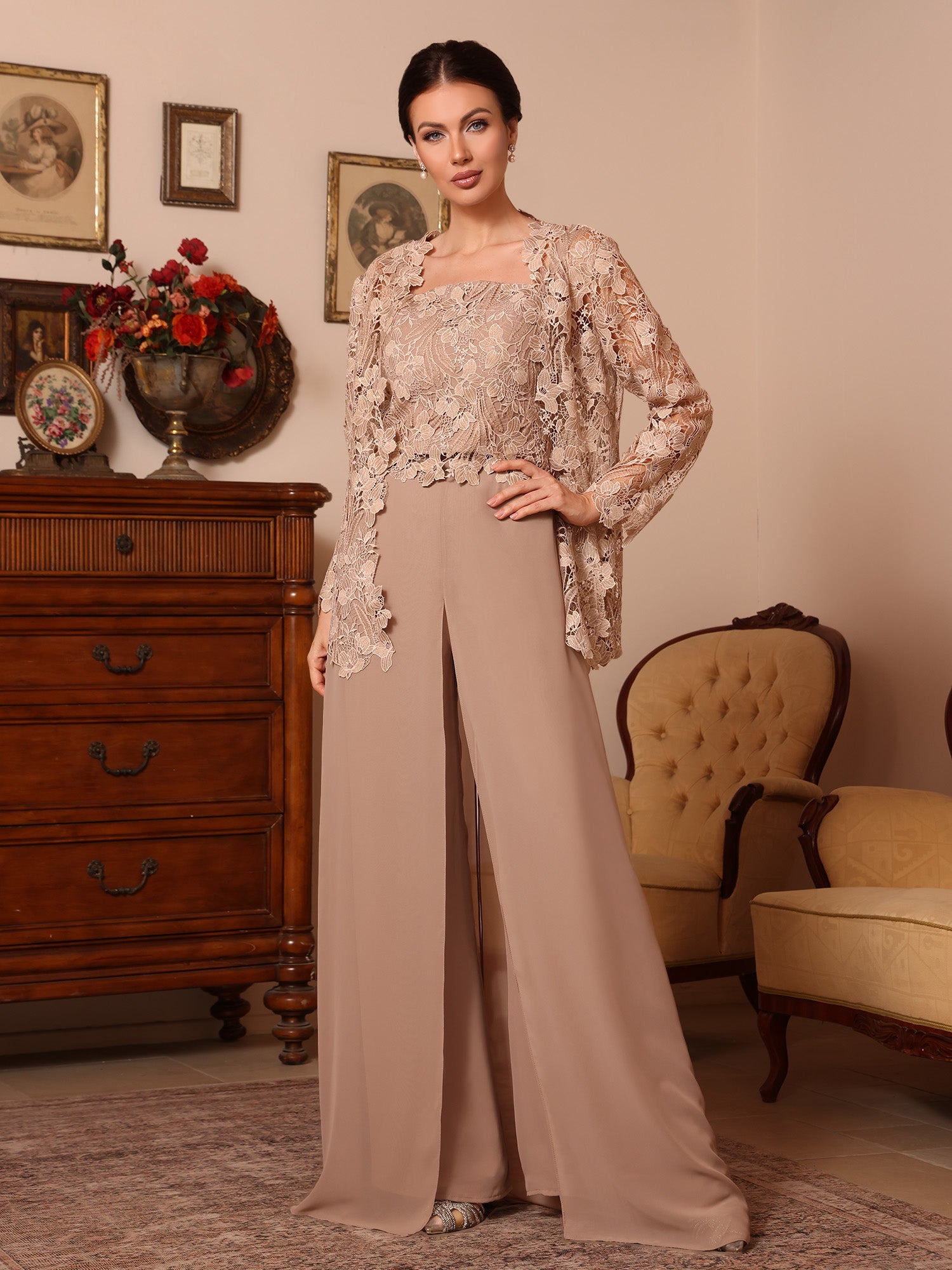 3 Pieces Square Collar Chiffon Mother Of The Bride Pantsuits With Jacket Overskirt Lace Floral Floor Length Long Sleeves