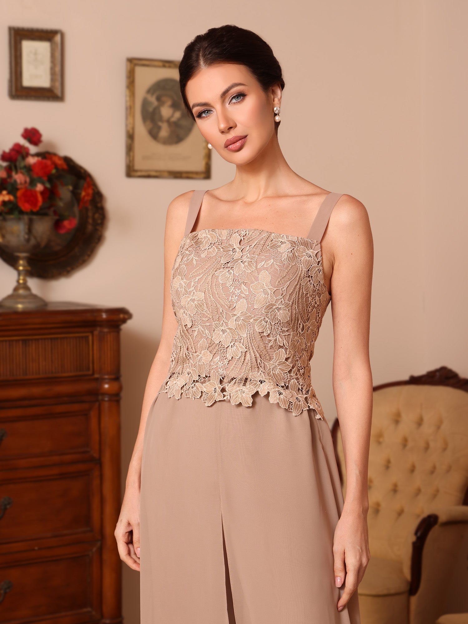 3 Pieces Square Collar Chiffon Mother Of The Bride Pantsuits With Jacket Overskirt Lace Floral Floor Length Long Sleeves