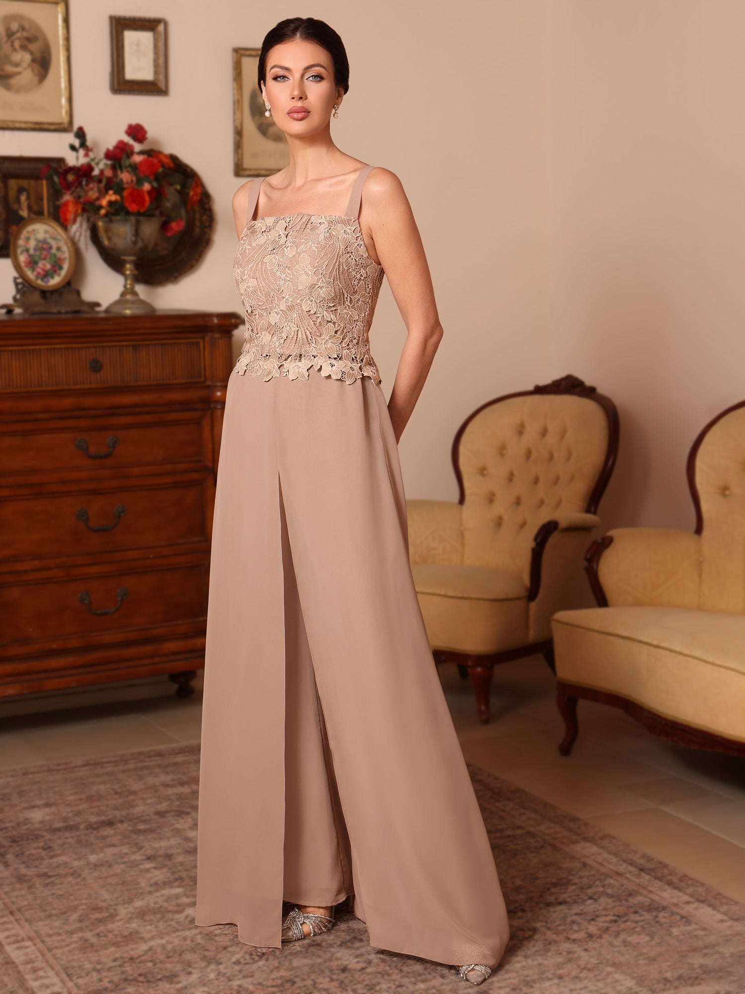 3 Pieces Square Collar Chiffon Mother Of The Bride Pantsuits With Jacket Overskirt Lace Floral Floor Length Long Sleeves
