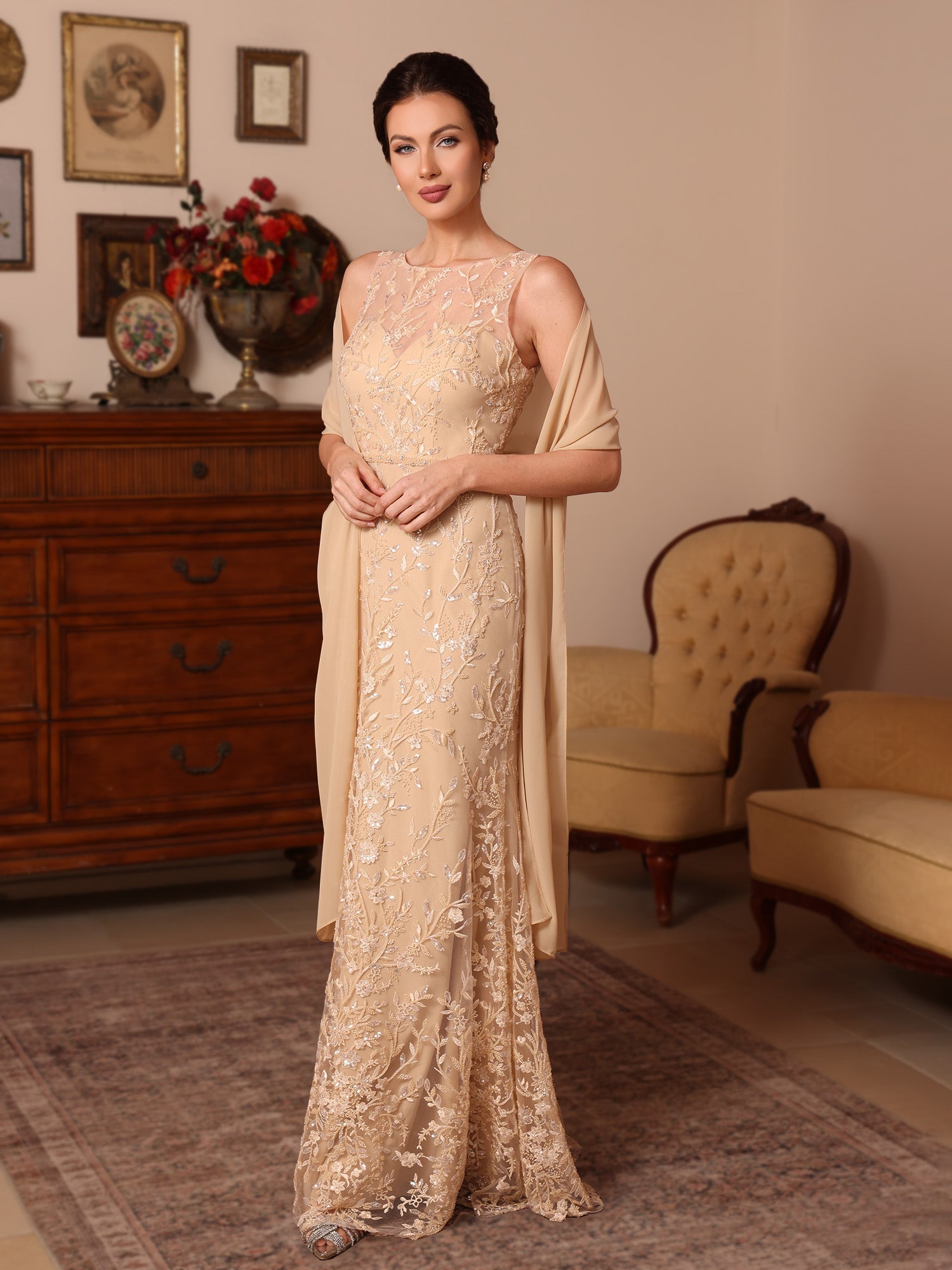 2 Pieces Sheath Column Lace Mother Of The Bride Dresses With Shawl Scoop Beading Sleeveless Floor Length