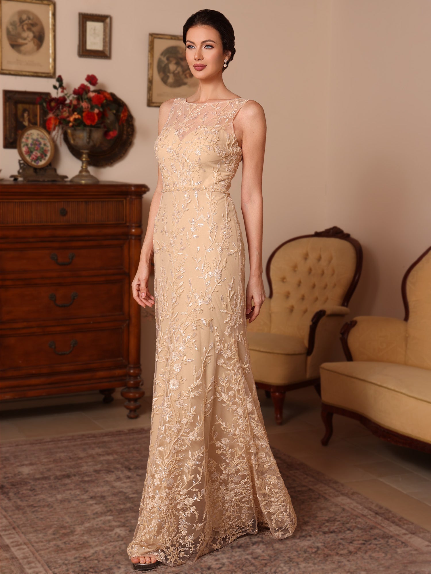 2 Pieces Sheath Column Lace Mother Of The Bride Dresses With Shawl Scoop Beading Sleeveless Floor Length