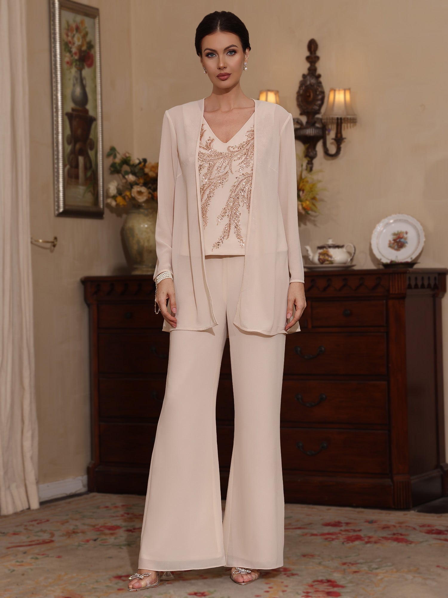 3 Pieces V Neck Chiffon Mother Of The Bride Pantsuits With Jacket Sequins Ankle Length Long Sleeves