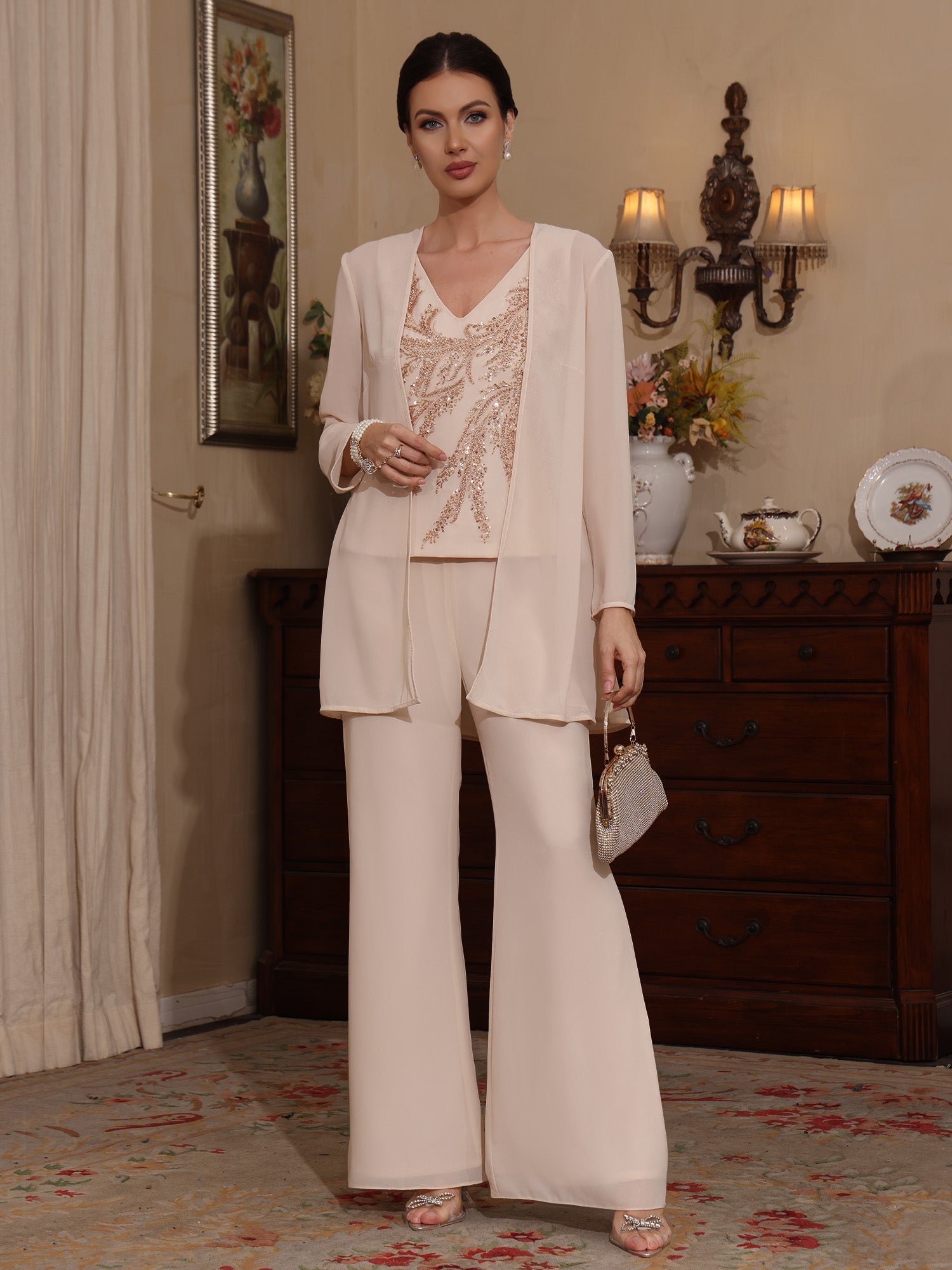 3 Pieces V Neck Chiffon Mother Of The Bride Pantsuits With Jacket Sequins Ankle Length Long Sleeves
