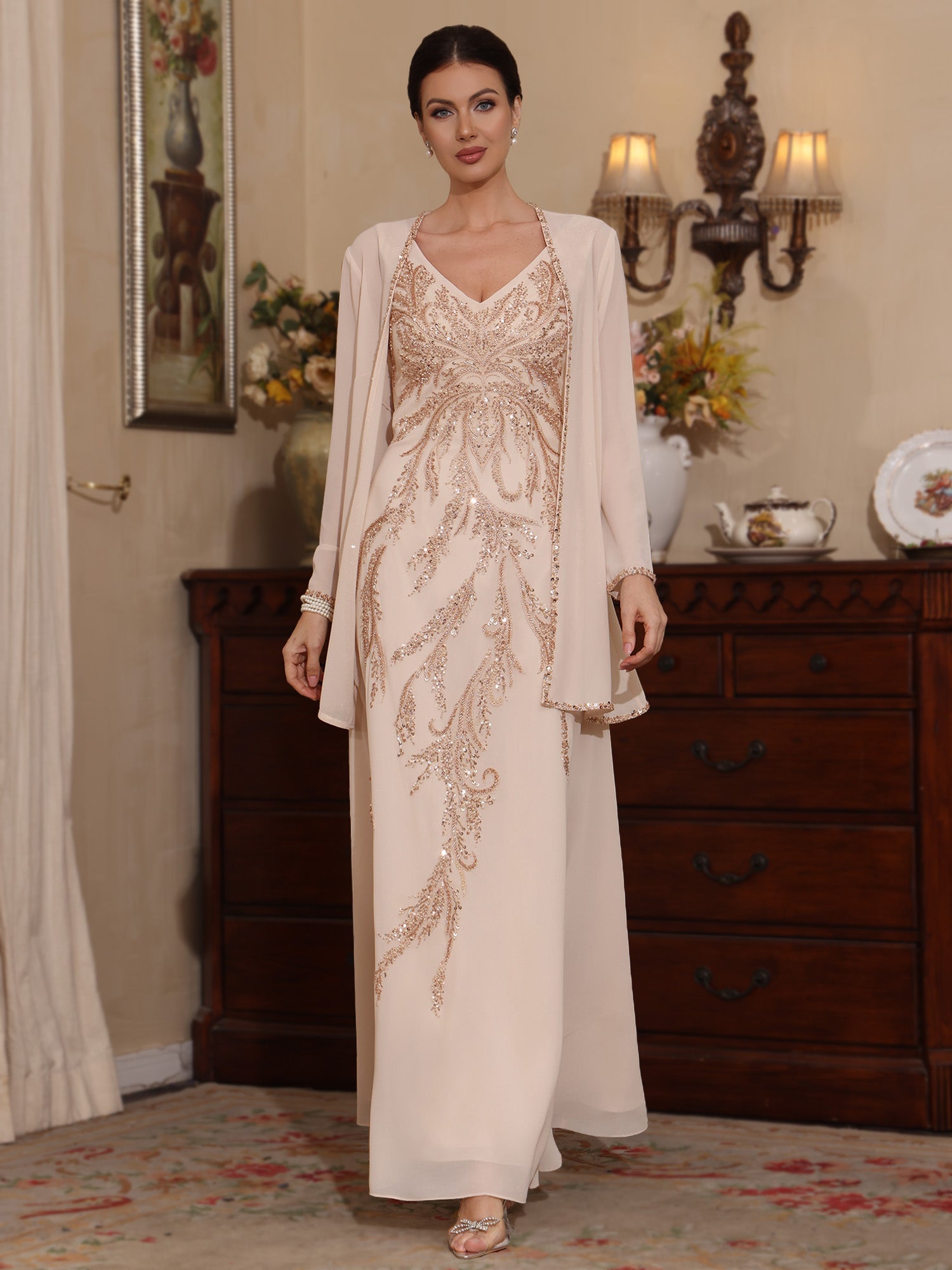 2 Pieces A Line Princess V Neck Chiffon Mother Of The Bride Dresses With Jacket Sequins Ankle Length Long Sleeves