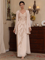 2 Pieces A Line Princess V Neck Chiffon Mother Of The Bride Dresses With Jacket Sequins Ankle Length Long Sleeves