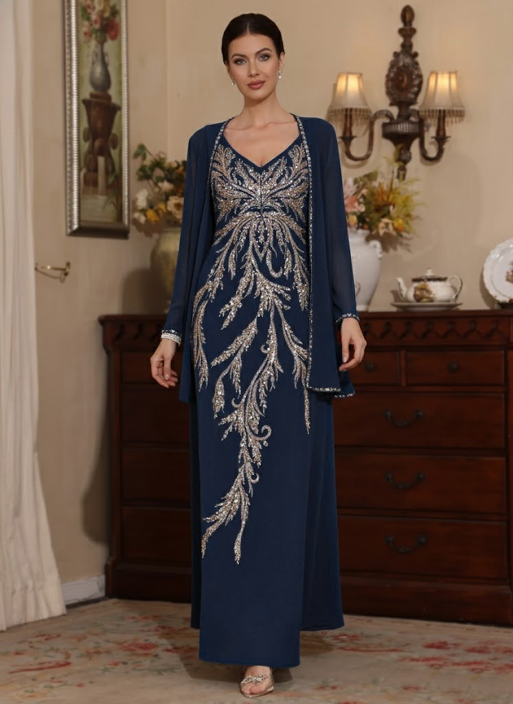2 Pieces A Line Princess V Neck Chiffon Mother Of The Bride Dresses With Jacket Sequins Ankle Length Long Sleeves