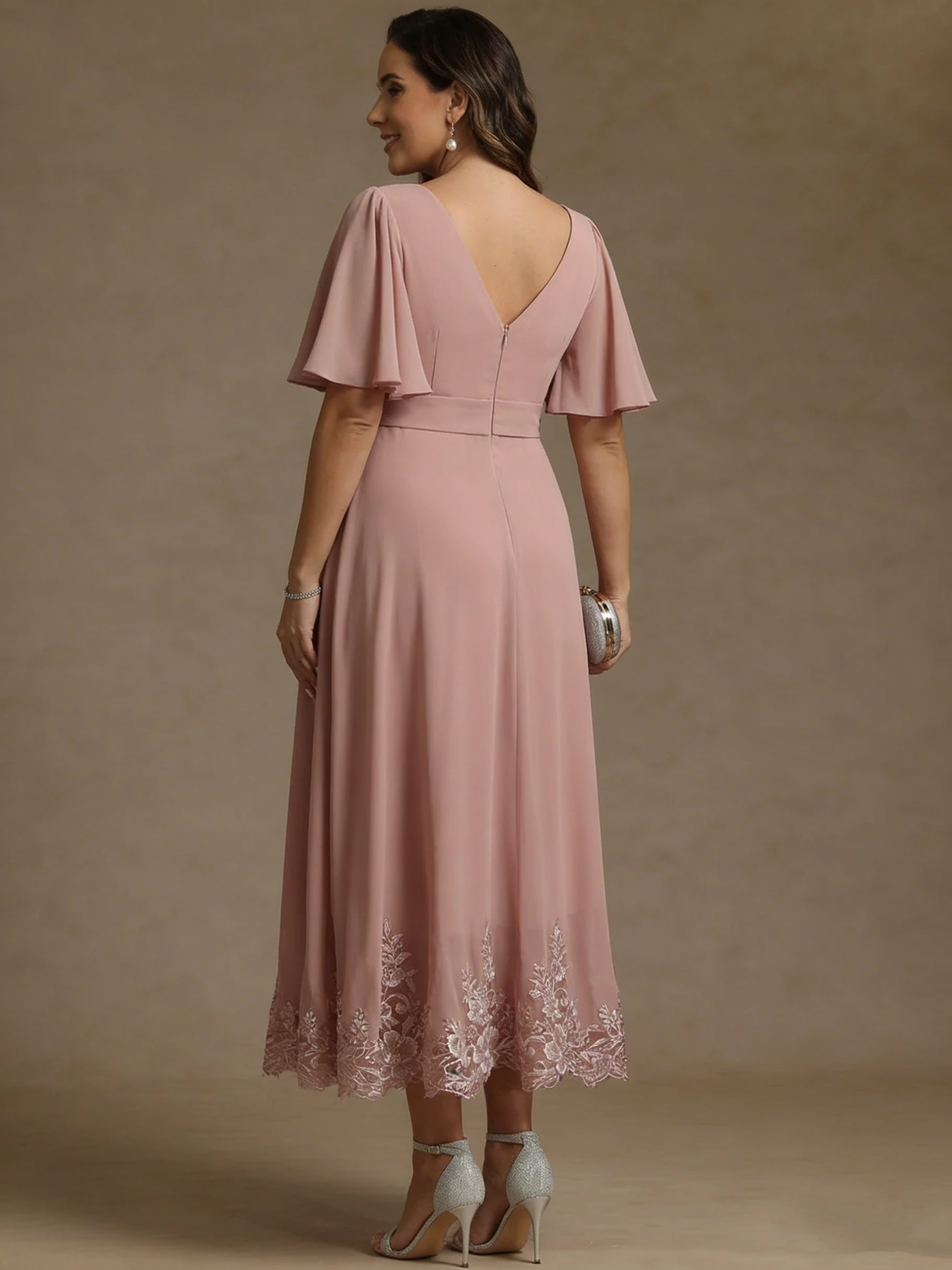 A Line Princess V Neck Mother Of The Bride Dresses Short Sleeves Chiffon Lace Tea Length With Sash