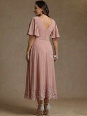 A Line Princess V Neck Mother Of The Bride Dresses Short Sleeves Chiffon Lace Tea Length With Sash