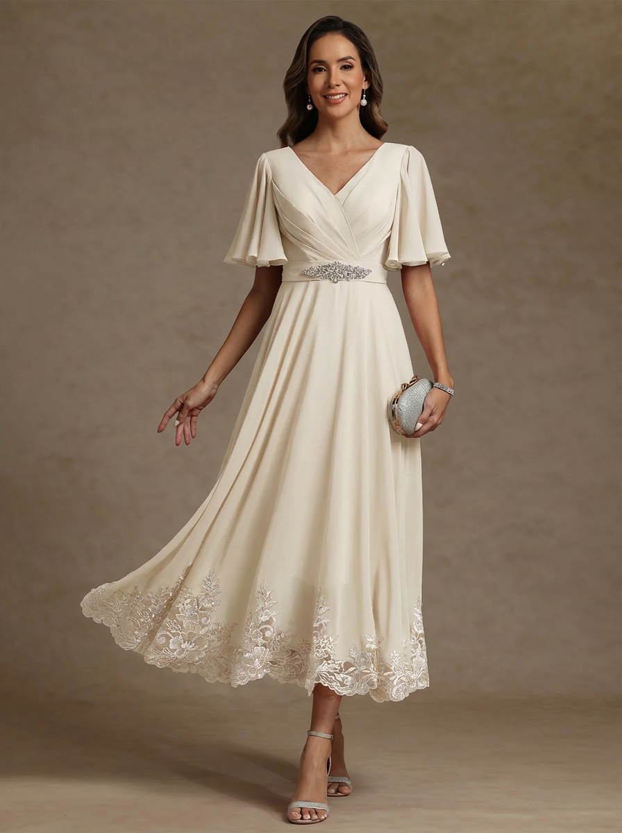 A Line Princess V Neck Mother Of The Bride Dresses Short Sleeves Chiffon Lace Tea Length With Sash