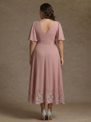 A Line Princess V Neck Plus Size Mother Of The Bride Dresses Short Sleeves Chiffon Lace Tea Length With Sash