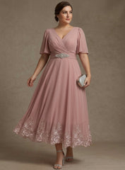 A Line Princess V Neck Plus Size Mother Of The Bride Dresses Short Sleeves Chiffon Lace Tea Length With Sash