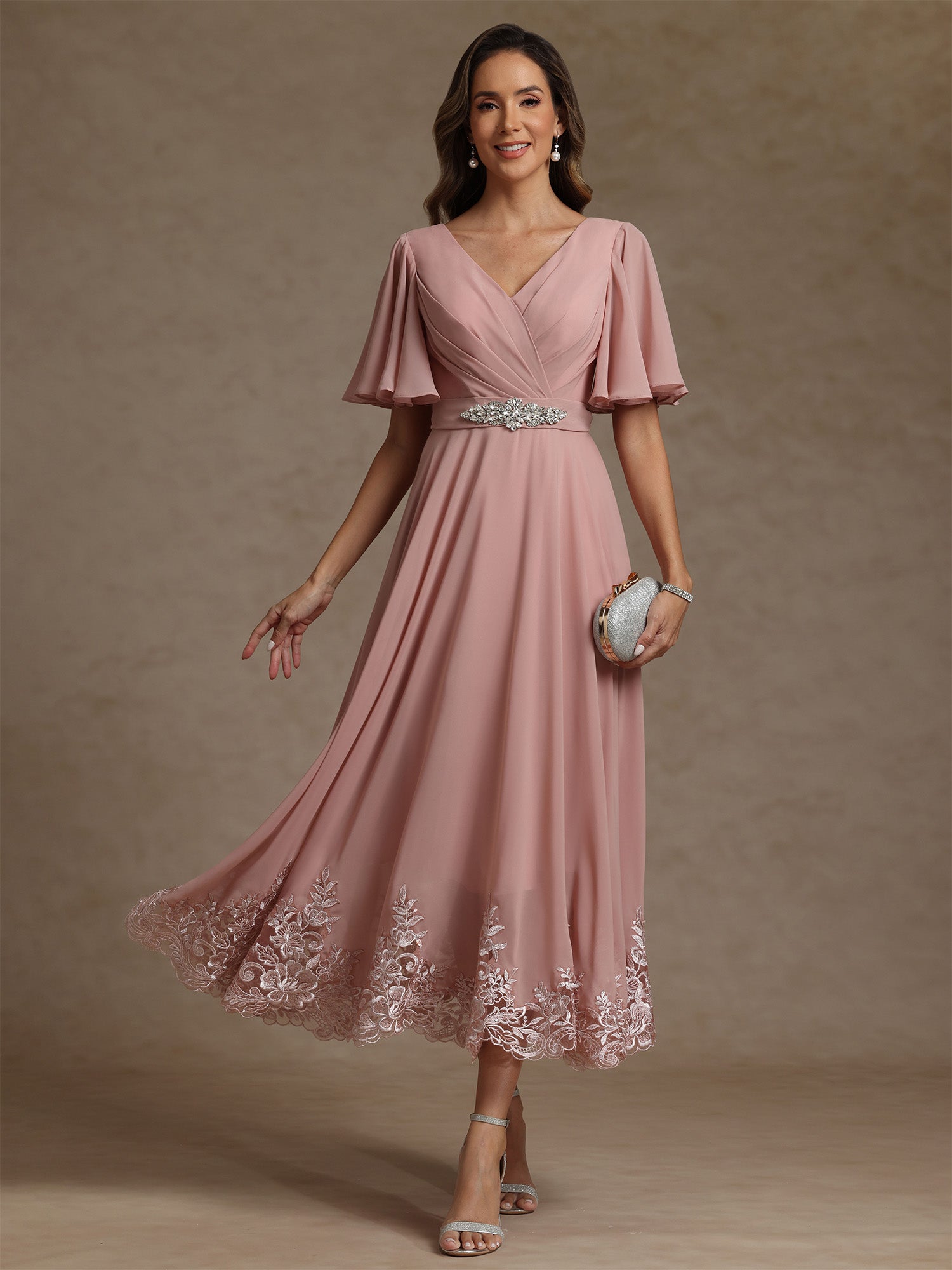 A Line Princess V Neck Mother Of The Bride Dresses Short Sleeves Chiffon Lace Tea Length With Sash