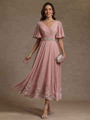 A Line Princess V Neck Mother Of The Bride Dresses Short Sleeves Chiffon Lace Tea Length With Sash