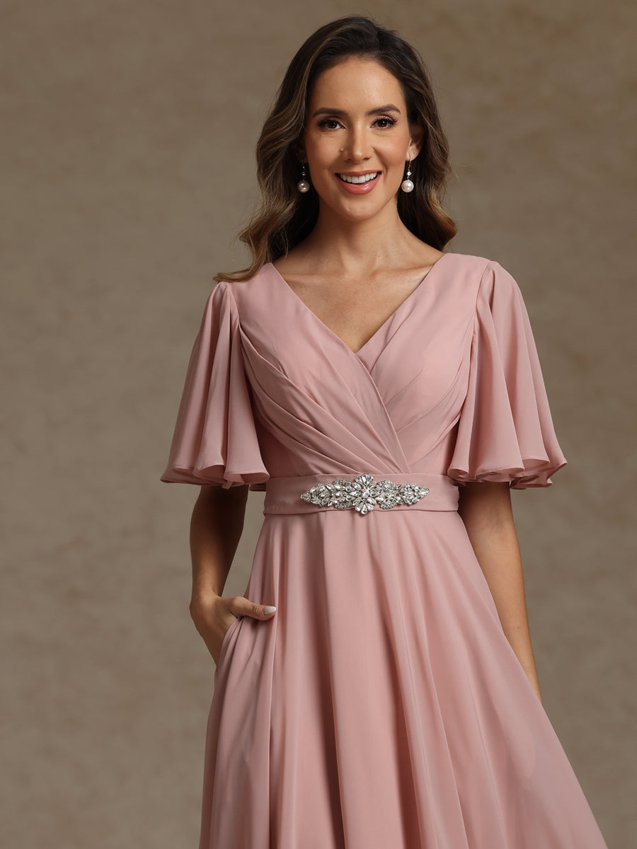 A Line Princess V Neck Mother Of The Bride Dresses Short Sleeves Chiffon Lace Tea Length With Sash