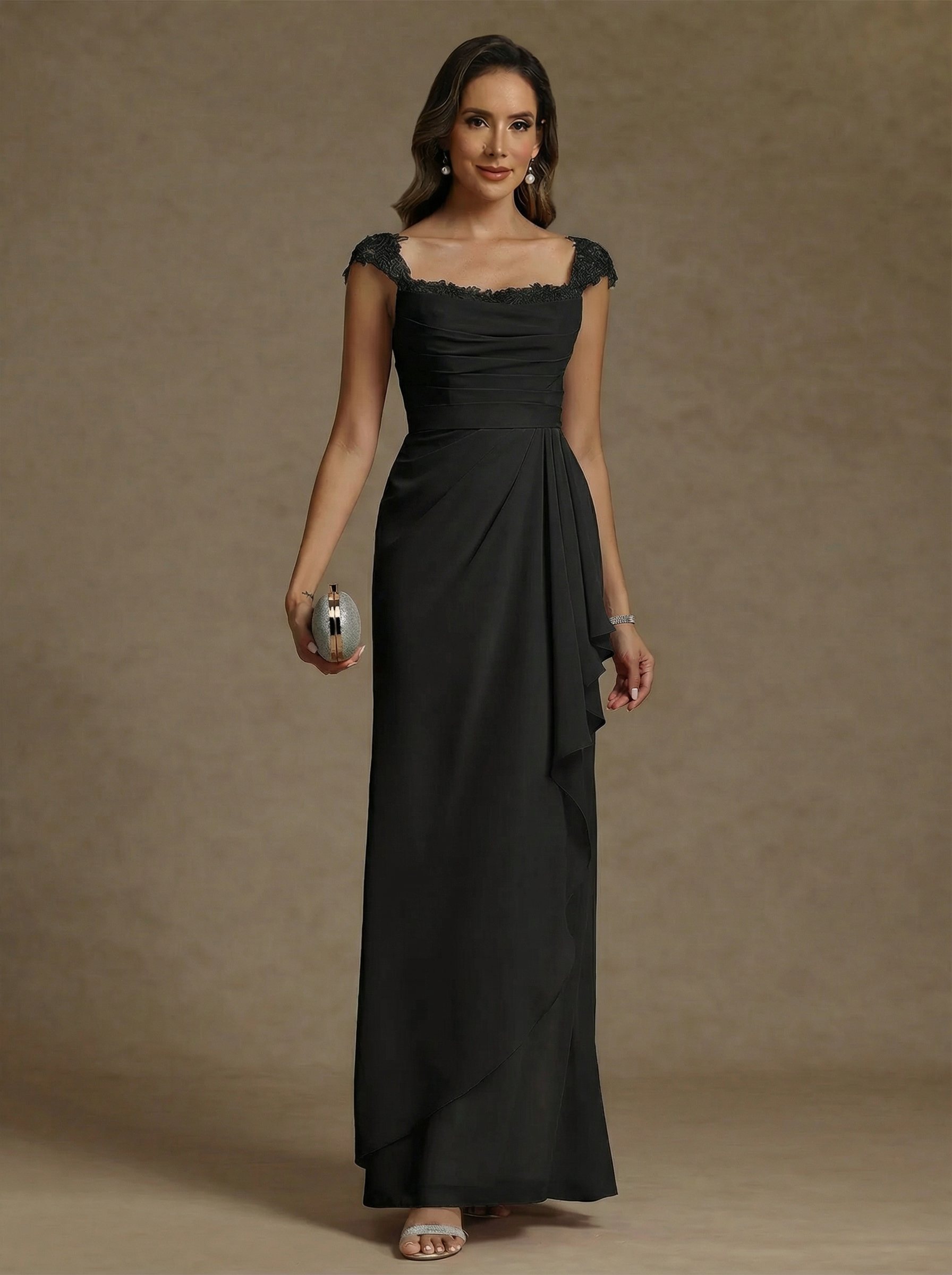 Sheath Column Square Collar Chiffon Mother Of The Bride Dresses Floor Length Ruffles Ruched Sleeveless Lace