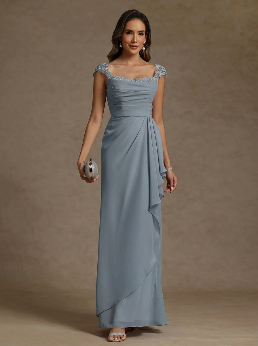 Sheath Column Square Collar Chiffon Mother Of The Bride Dresses Floor Length Ruffles Ruched Sleeveless Lace