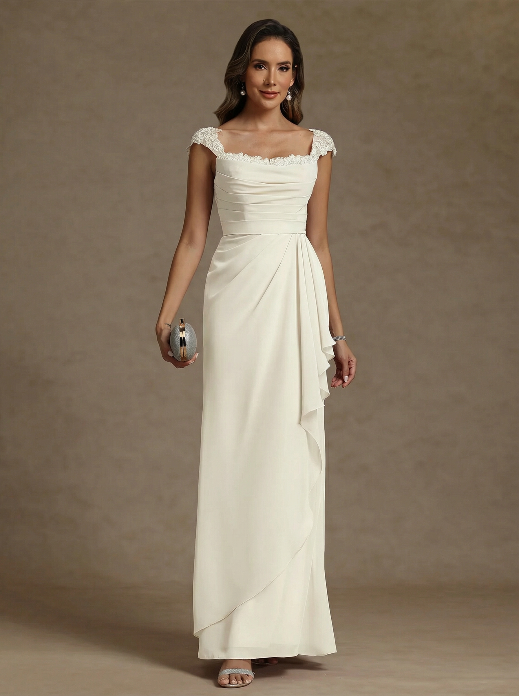 Sheath Column Square Collar Chiffon Mother Of The Bride Dresses Floor Length Ruffles Ruched Sleeveless Lace