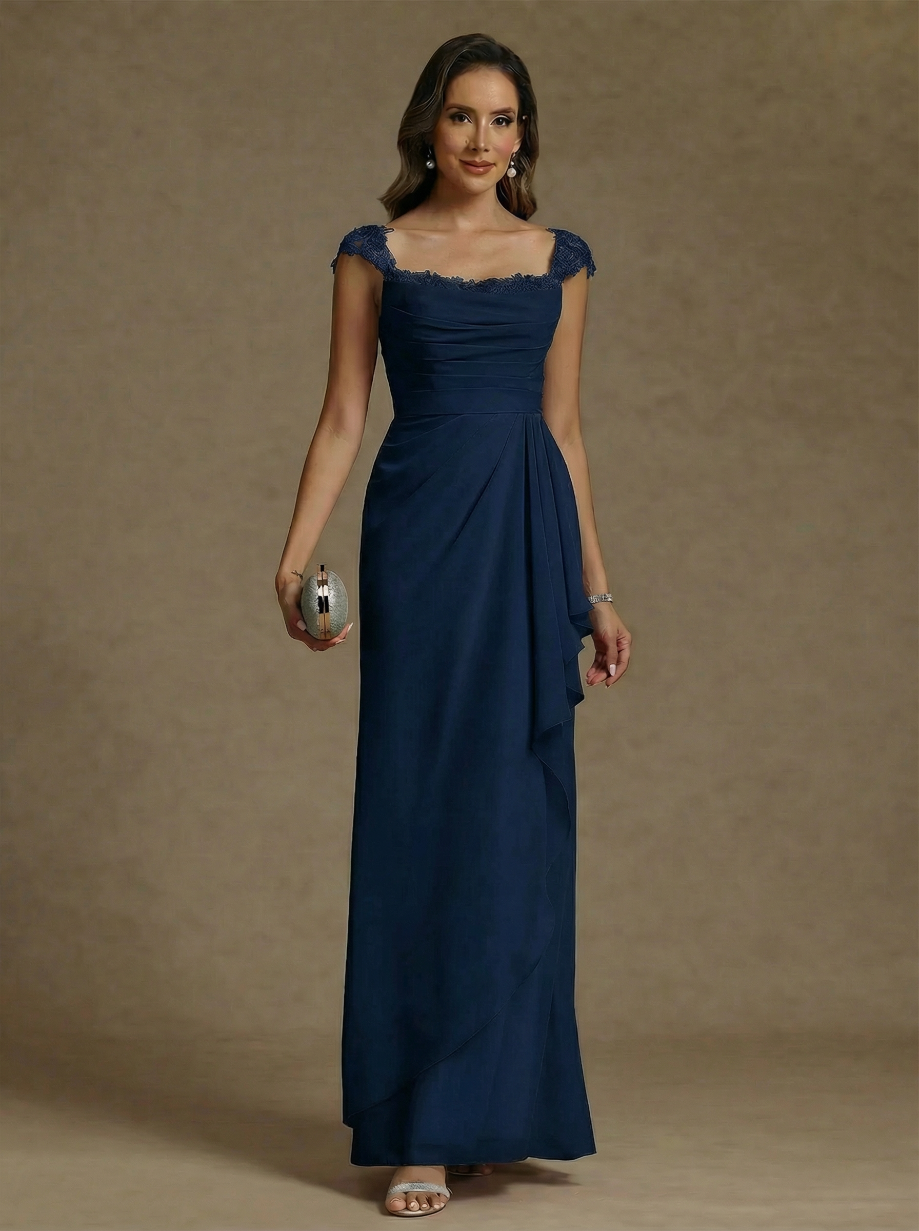 Sheath Column Square Collar Chiffon Mother Of The Bride Dresses Floor Length Ruffles Ruched Sleeveless Lace