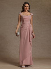 Sheath Column Square Collar Chiffon Mother Of The Bride Dresses Floor Length Ruffles Ruched Sleeveless Lace