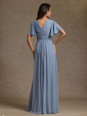 A Line Princess V Neck Chiffon Mother Of The Bride Dresses Floor Length Ruched Short Sleeves