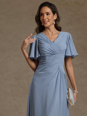 A Line Princess V Neck Chiffon Mother Of The Bride Dresses Floor Length Ruched Short Sleeves