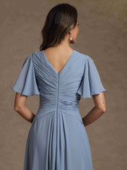 A Line Princess V Neck Chiffon Mother Of The Bride Dresses Floor Length Ruched Short Sleeves