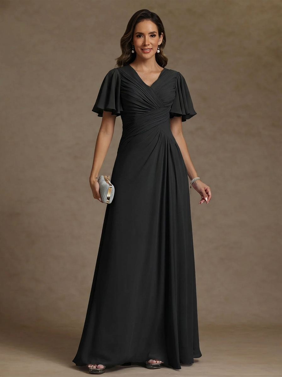 A Line Princess V Neck Chiffon Mother Of The Bride Dresses Floor Length Ruched Short Sleeves