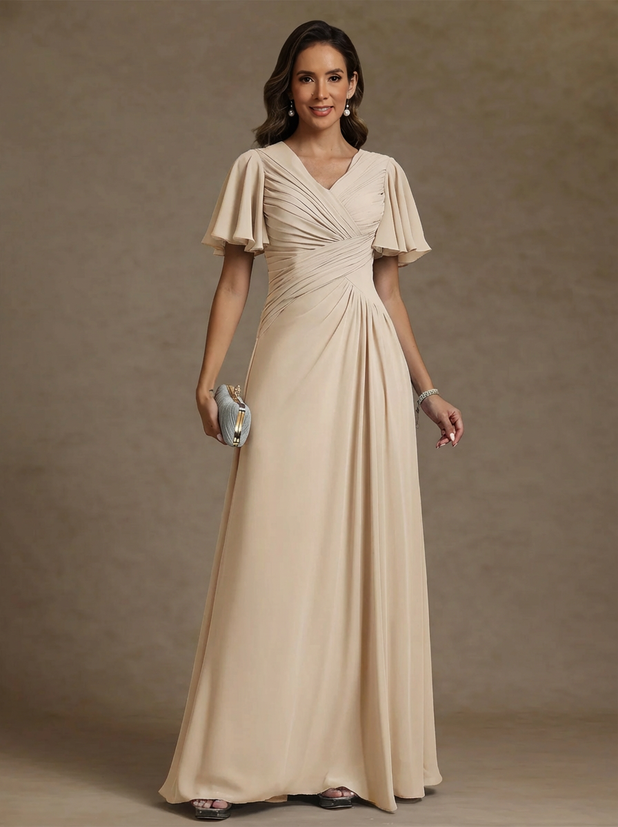 A Line Princess V Neck Chiffon Mother Of The Bride Dresses Floor Length Ruched Short Sleeves