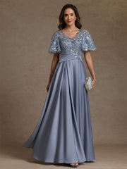 A Line Princess V Neck Acetate Satin Mother Of The Bride Dresses Sequins Floor Length Short Sleeves Ruched