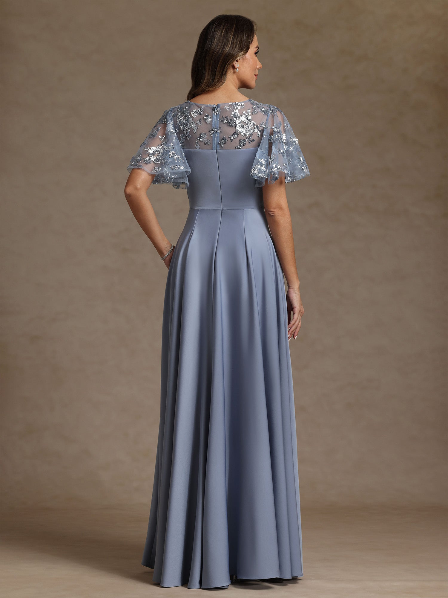 A Line Princess V Neck Acetate Satin Mother Of The Bride Dresses Sequins Floor Length Short Sleeves Ruched
