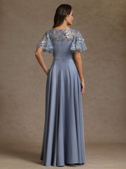 A Line Princess V Neck Acetate Satin Mother Of The Bride Dresses Sequins Floor Length Short Sleeves Ruched