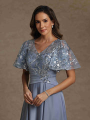 A Line Princess V Neck Acetate Satin Mother Of The Bride Dresses Sequins Floor Length Short Sleeves Ruched