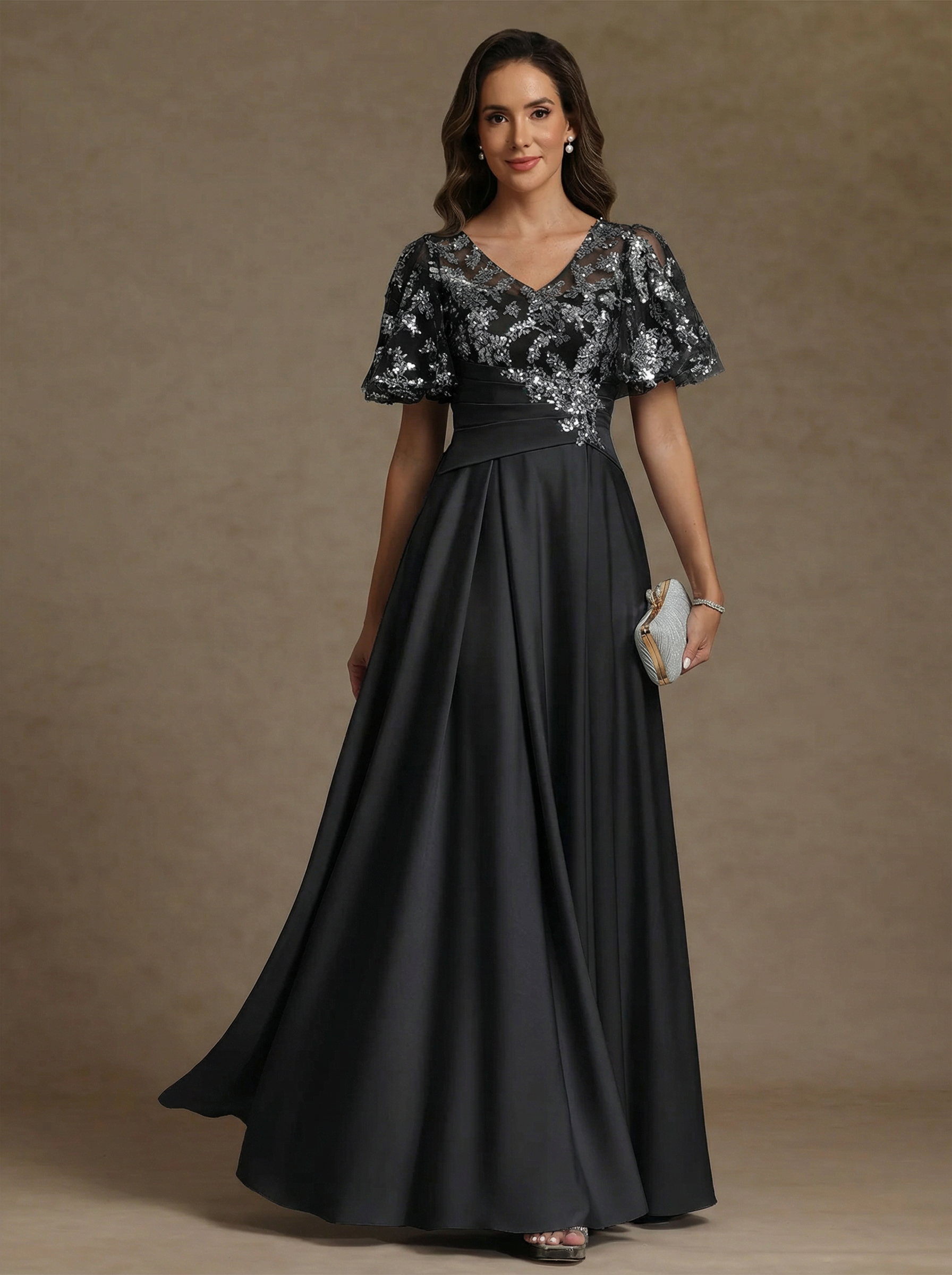 A Line Princess V Neck Acetate Satin Mother Of The Bride Dresses Sequins Floor Length Short Sleeves Ruched