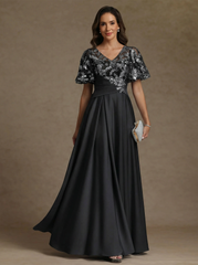 A Line Princess V Neck Acetate Satin Mother Of The Bride Dresses Sequins Floor Length Short Sleeves Ruched