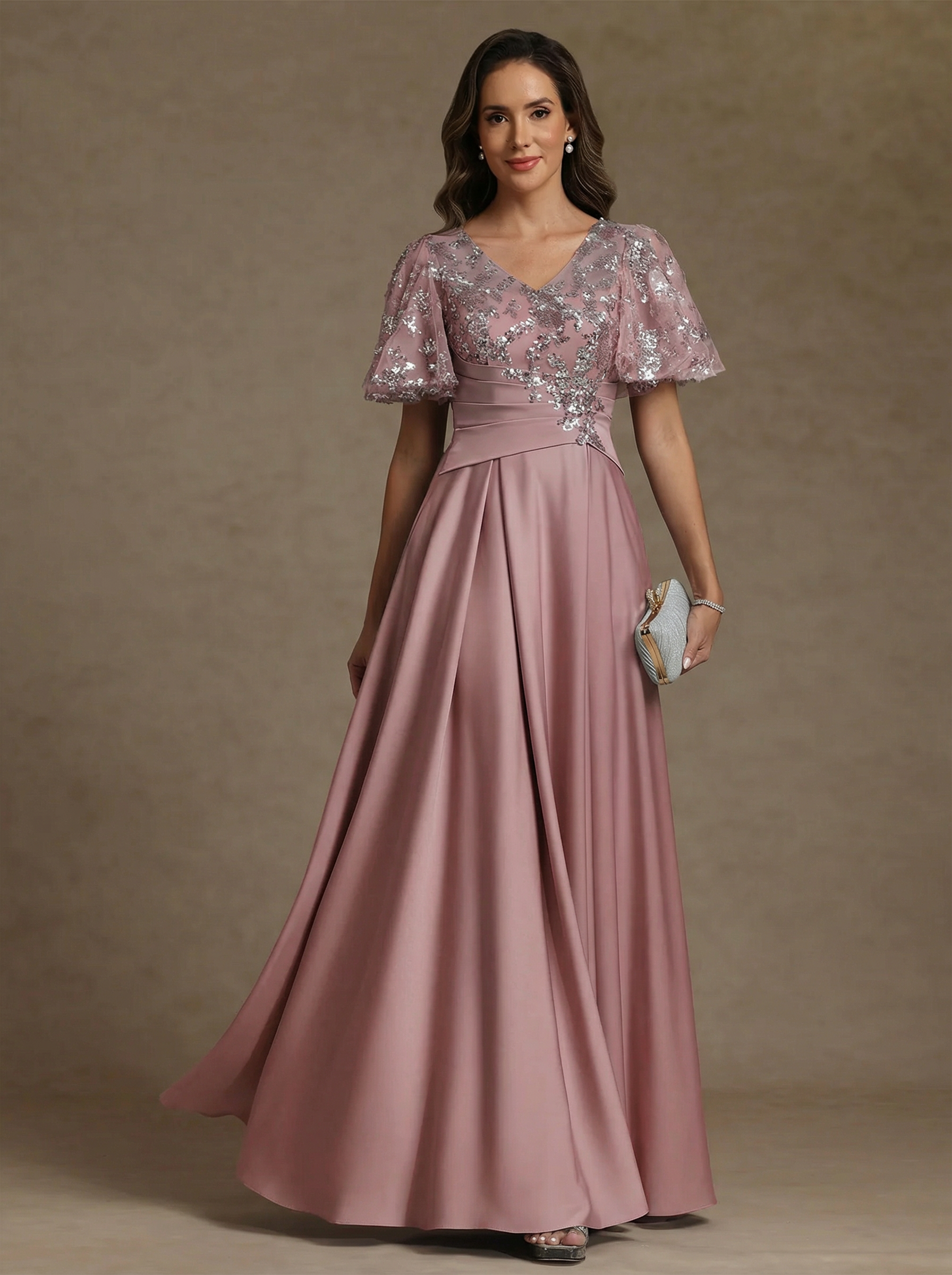 A Line Princess V Neck Acetate Satin Mother Of The Bride Dresses Sequins Floor Length Short Sleeves Ruched