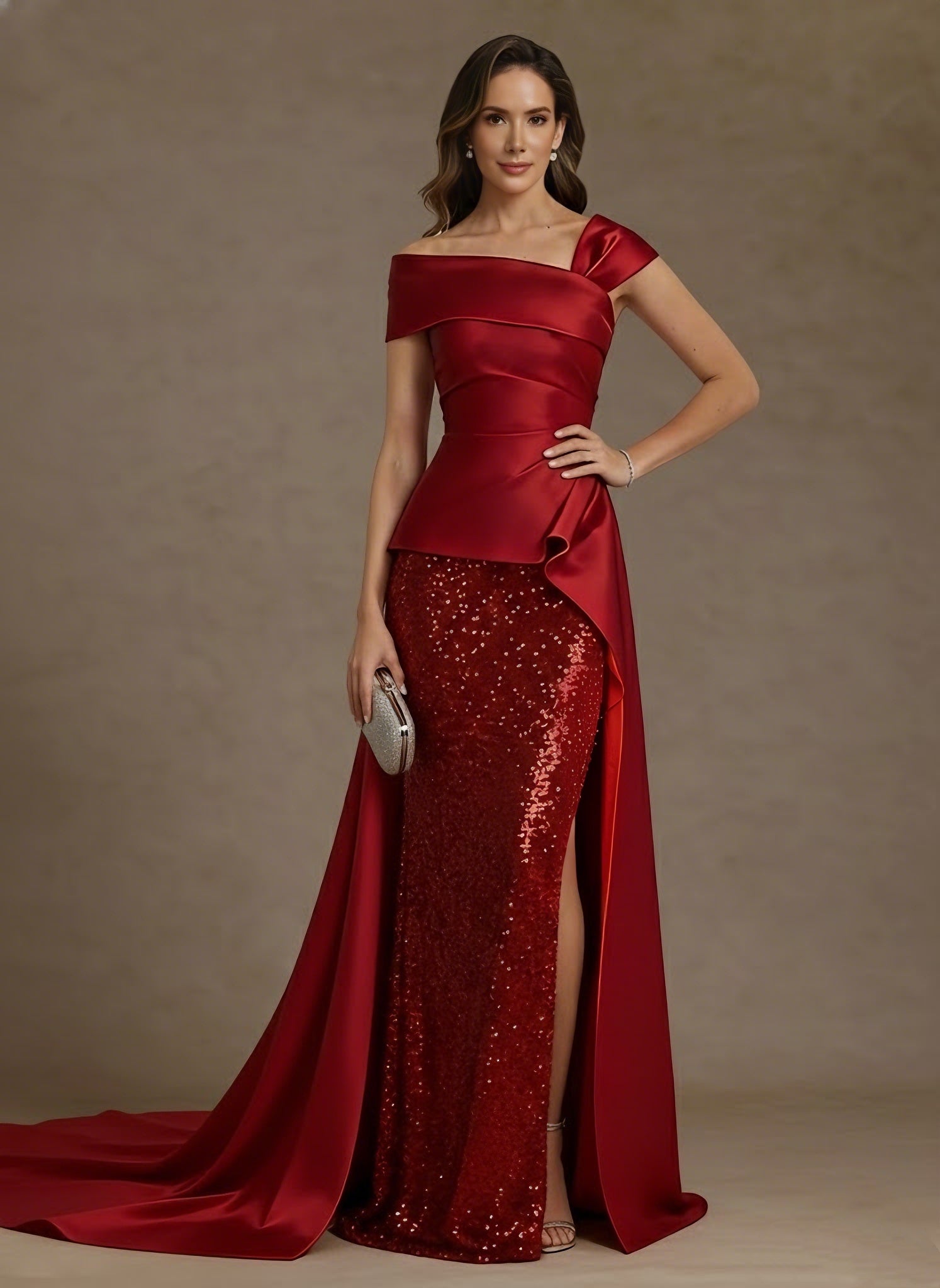 Sheath Column Off The Shoulder Satin Mother Of The Bride Dresses With Split Side Sequins Sleeveless Floor Length Ruched
