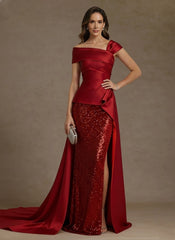 Sheath Column Off The Shoulder Satin Mother Of The Bride Dresses With Split Side Sequins Sleeveless Floor Length Ruched
