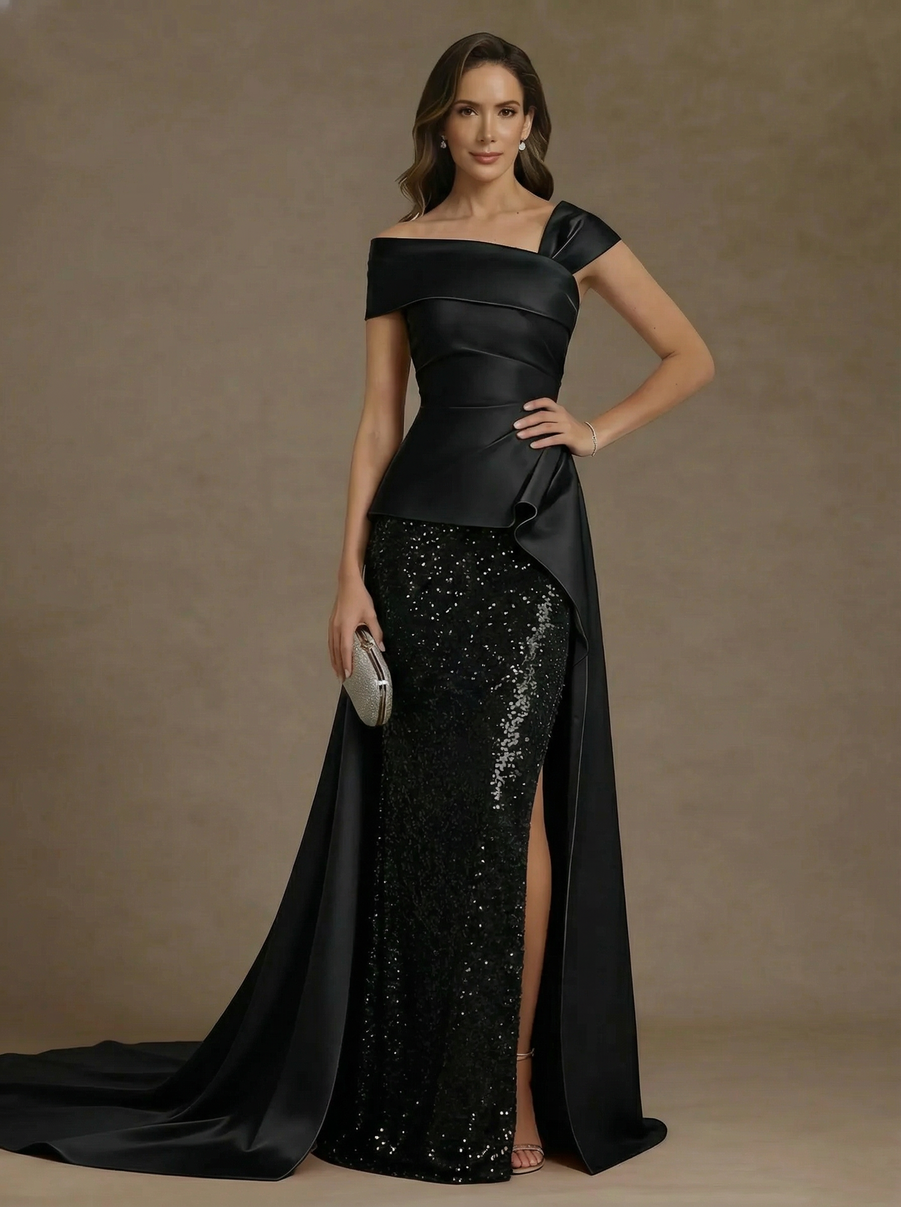 Sheath Column Off The Shoulder Satin Mother Of The Bride Dresses With Split Side Sequins Sleeveless Floor Length Ruched