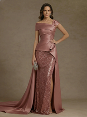 Sheath Column Off The Shoulder Satin Mother Of The Bride Dresses With Split Side Sequins Sleeveless Floor Length Ruched