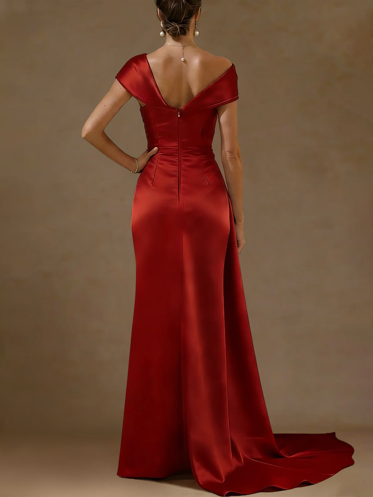 Sheath Column Off The Shoulder Satin Mother Of The Bride Dresses With Split Side Sequins Sleeveless Floor Length Ruched