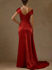 Sheath Column Off The Shoulder Satin Mother Of The Bride Dresses With Split Side Sequins Sleeveless Floor Length Ruched